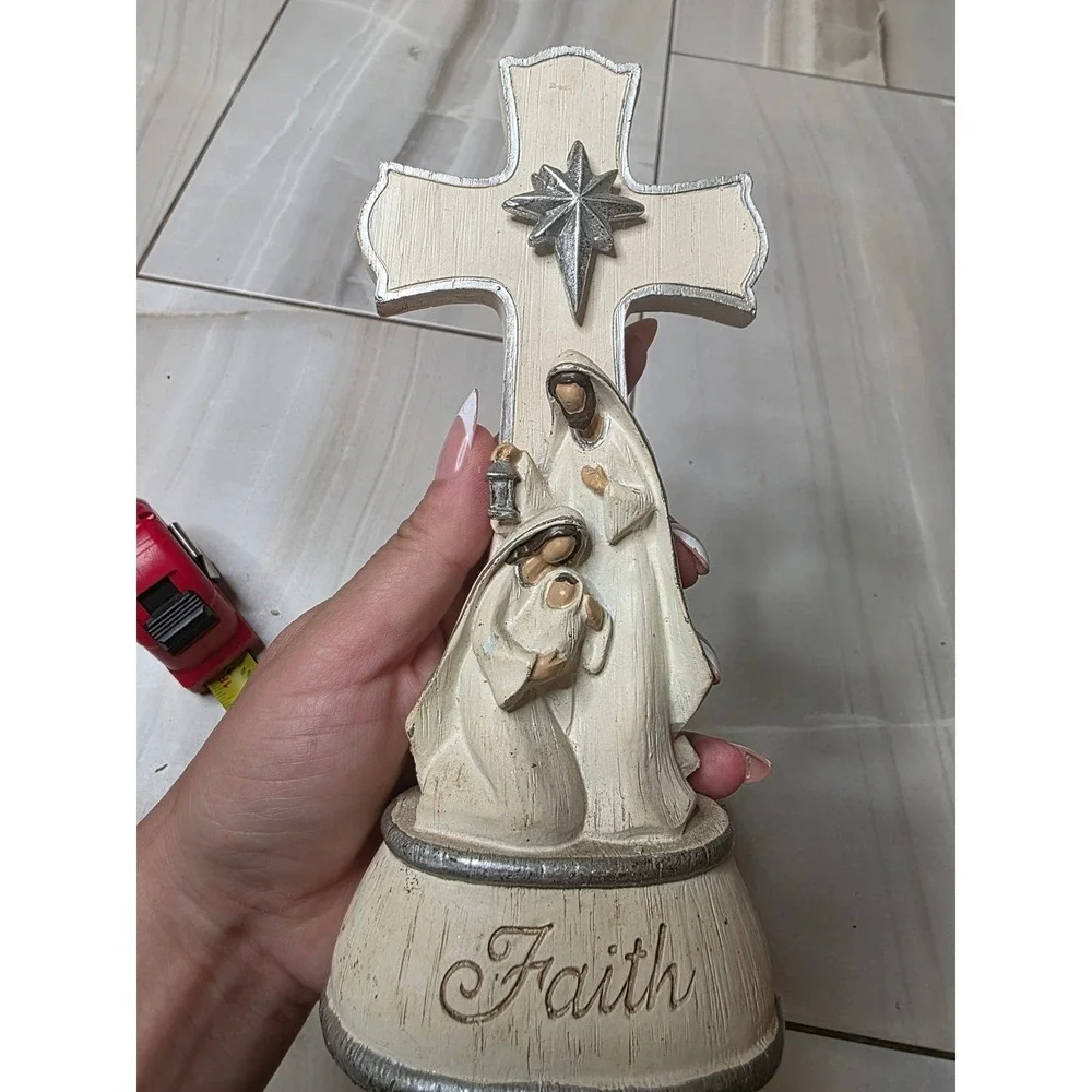 Faith Nativity Cross Figurine Holy Family Christmas‎ Decor Light Up Cream Silver